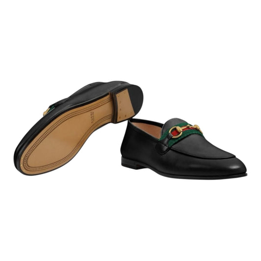 Gucci Women’s Horsebit Loafers – Black Leather Web Stripe Flats