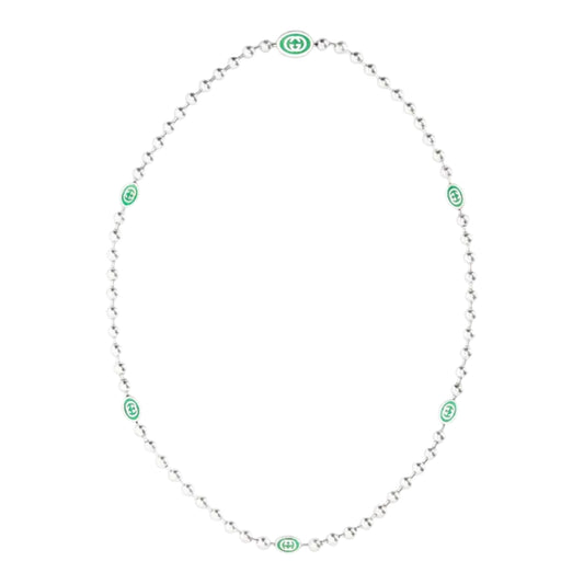 Gucci Interlocking G Green Enamel Sterling Silver Boule Chain Necklace