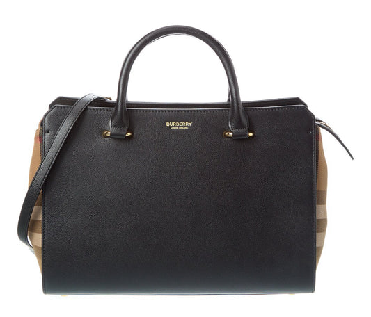 Burberry Banwell Leather Tote – House Check Satchel with Gold Hardware