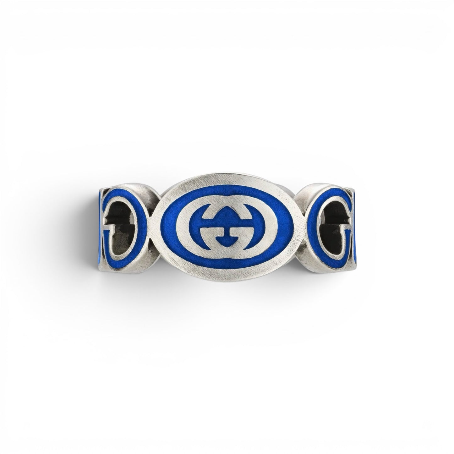 Gucci Sterling Silver Interlocking GG Logo Ring Blue Enamel