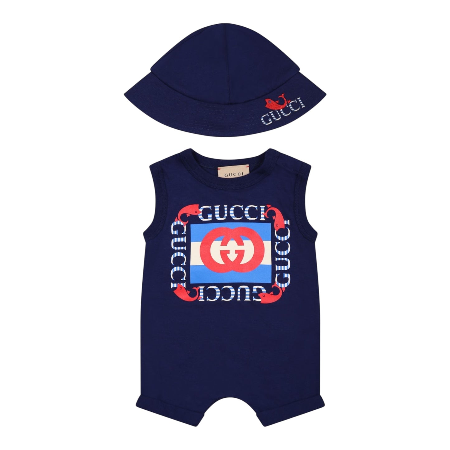 Gucci Baby Logo Romper & Bucket Hat Set – Navy Cotton Designer Infant Outfit