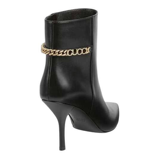 Gucci Signoria Leather Ankle Boots – Black Pointed Toe Stiletto Booties with Gold Logo Detail