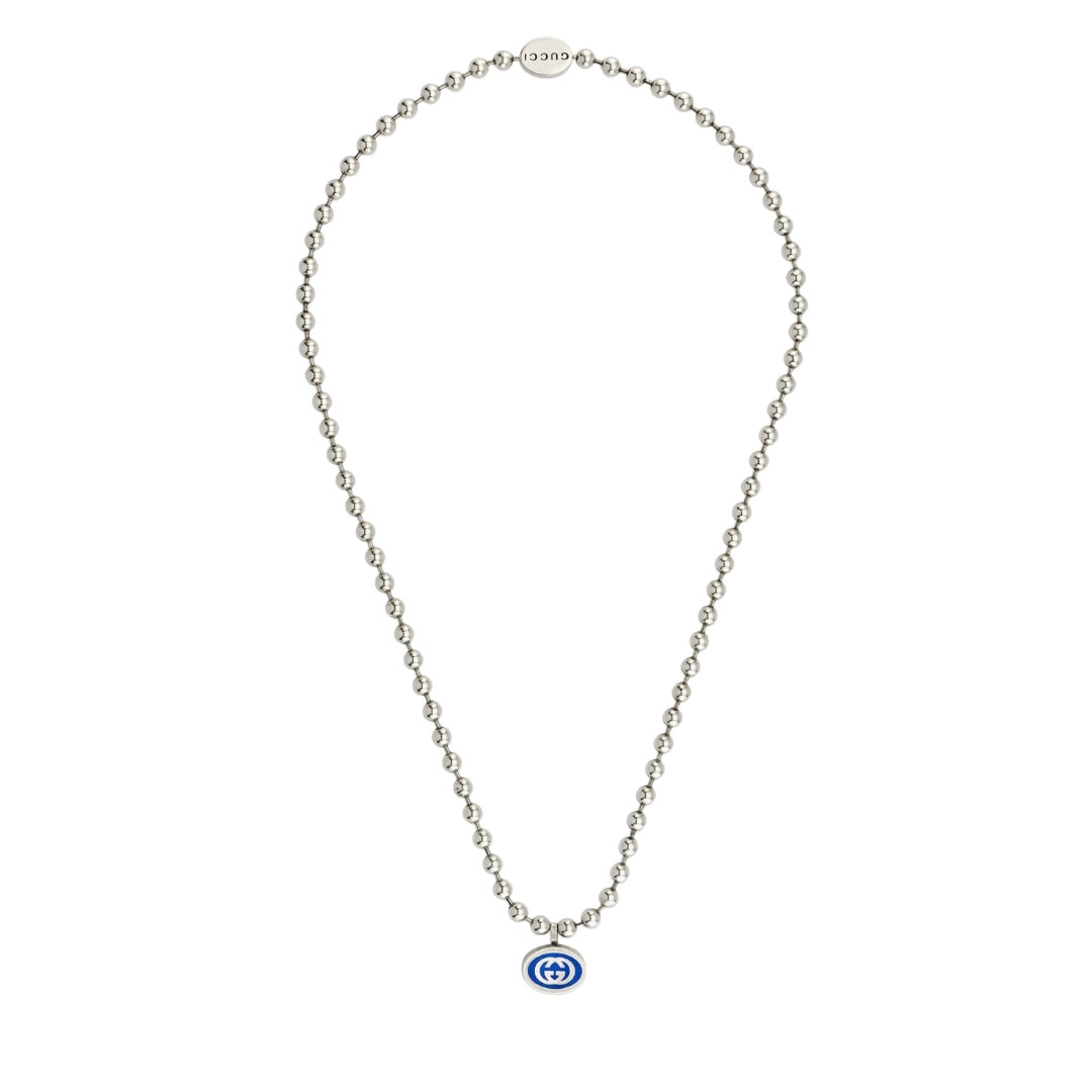 Gucci Necklace Silver Pendant Interlocking Blue GG
