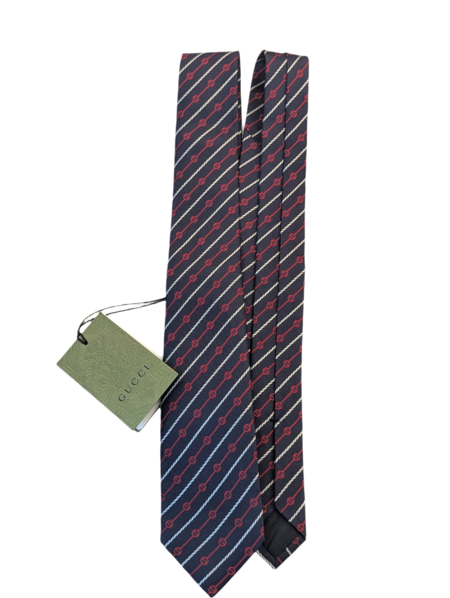 Gucci Silk Neck Tie Navy Blue w/ Red and White Stripes