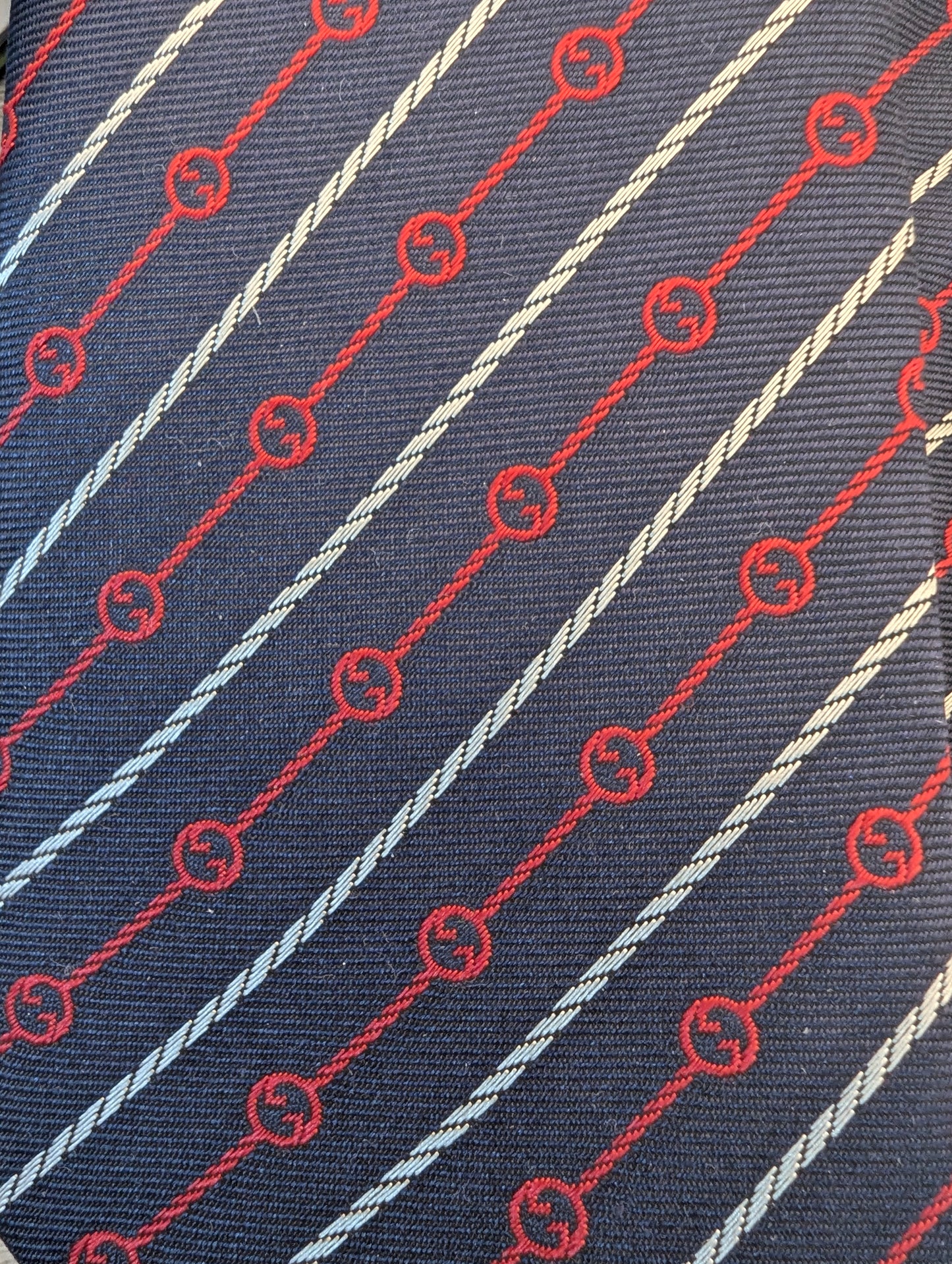 Gucci Silk Neck Tie Navy Blue w/ Red and White Stripes
