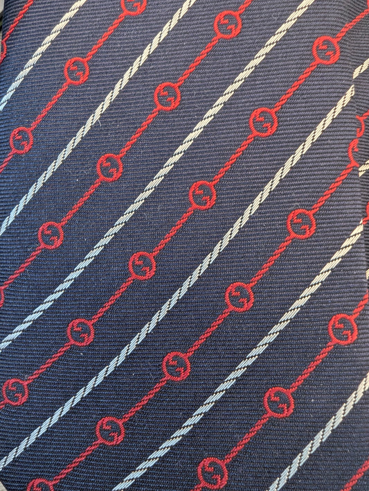Gucci Silk Neck Tie Navy Blue w/ Red and White Stripes