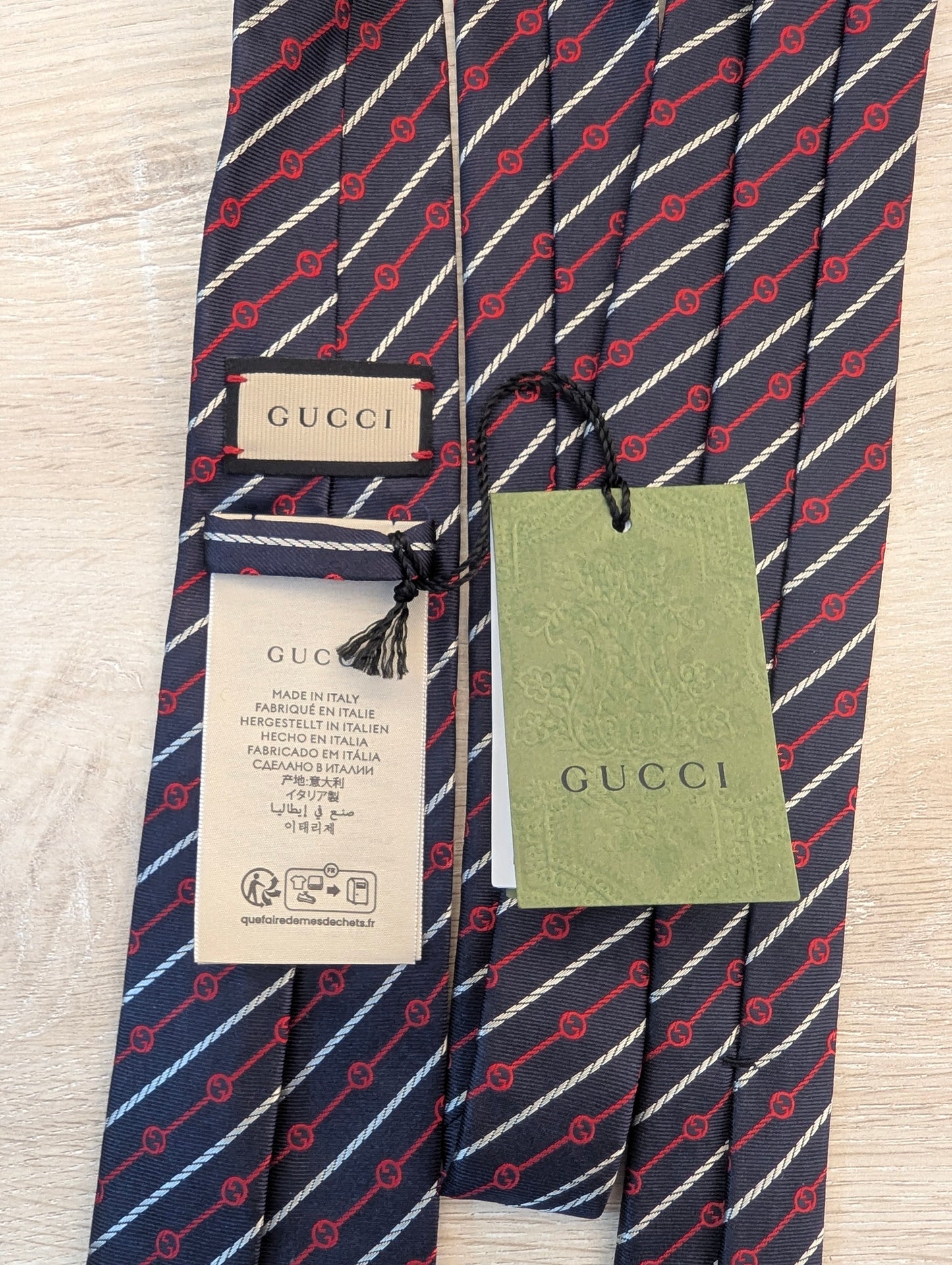 Gucci Silk Neck Tie Navy Blue w/ Red and White Stripes