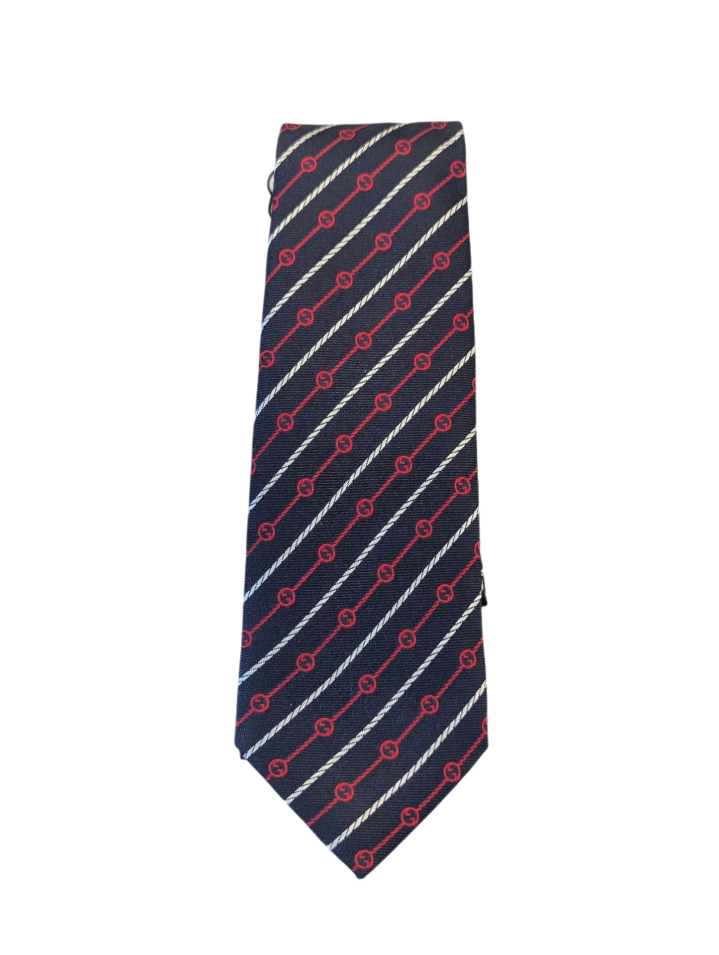 Gucci Silk Neck Tie Navy Blue w/ Red and White Stripes