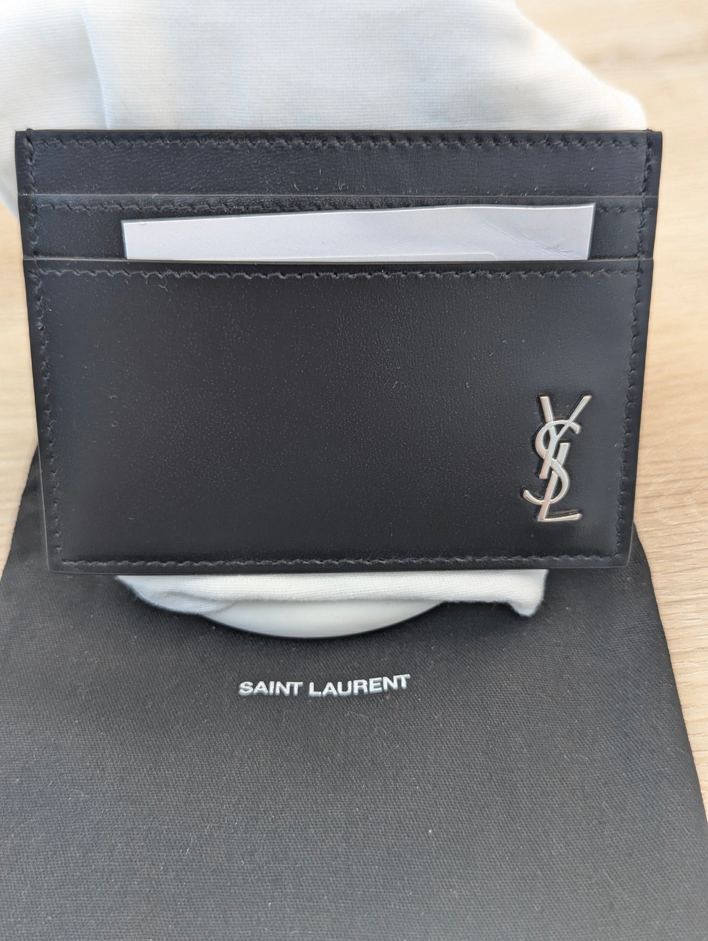 Saint Laurent Tiny Cassandre credit card case in shiny leather