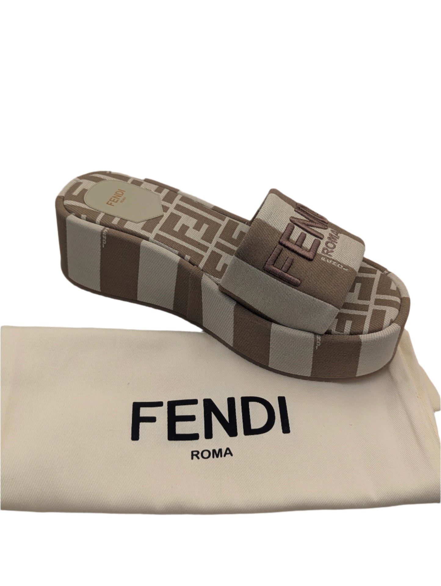 Fendi Roma Beige/ Brown Platform Slides