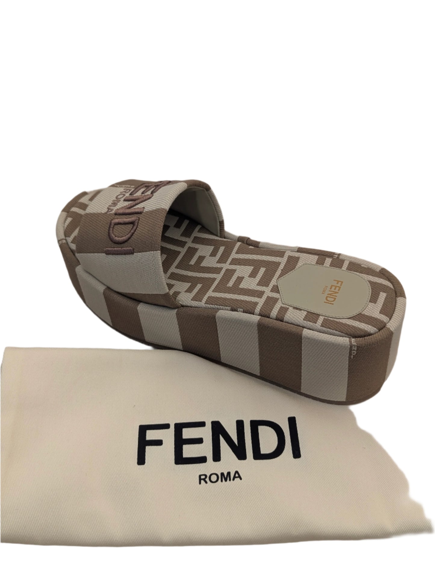 Fendi Roma Beige/ Brown Platform Slides
