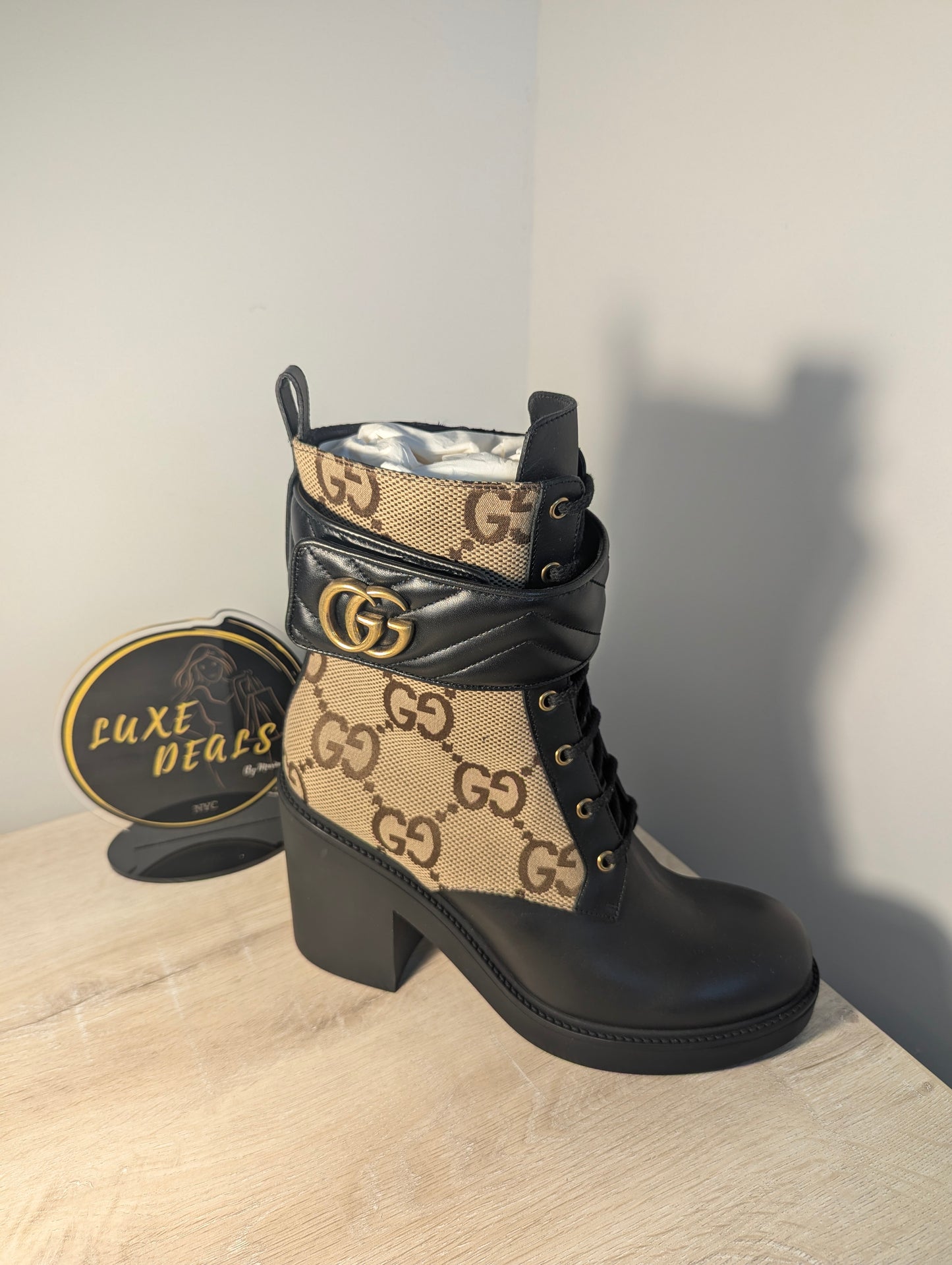 Gucci Moto Boot Leather in Black w/ GG Print size 41