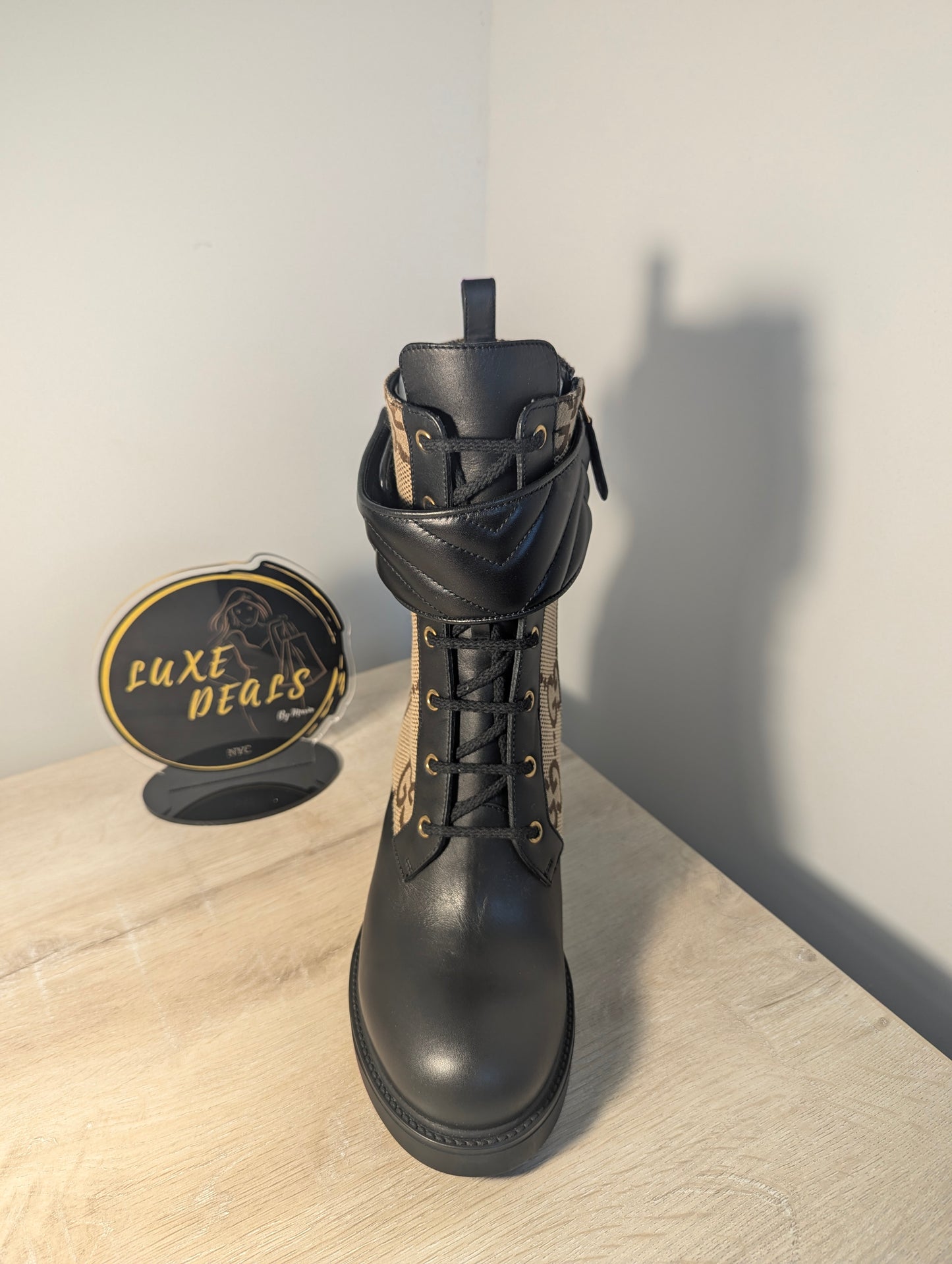 Gucci Moto Boot Leather in Black w/ GG Print size 41
