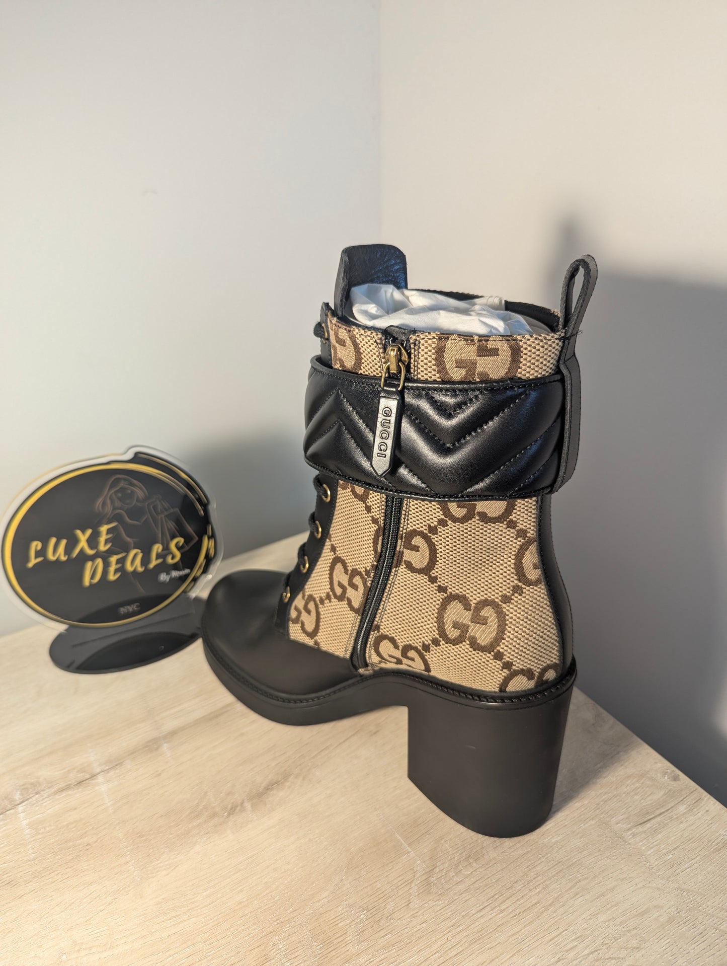 Gucci Moto Boot Leather in Black w/ GG Print size 41