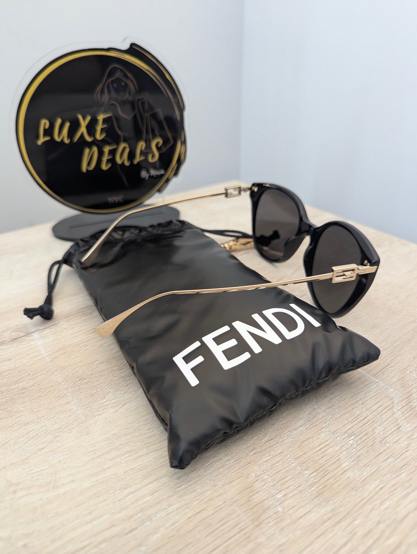 Fendi Cat Eye Sunglasses Black with Gold Accents and Sleeve