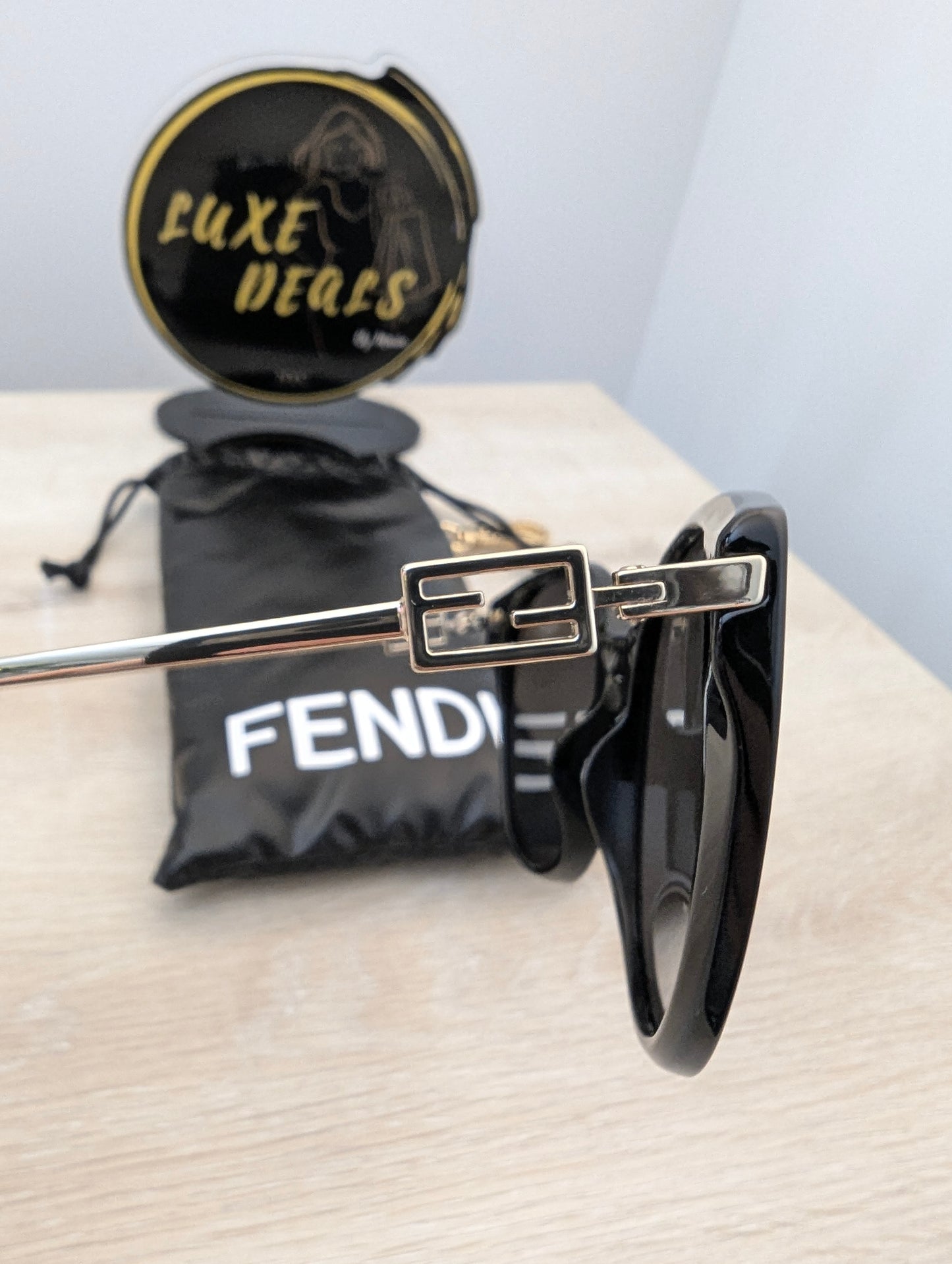 Fendi Cat Eye Sunglasses Black with Gold Accents and Sleeve