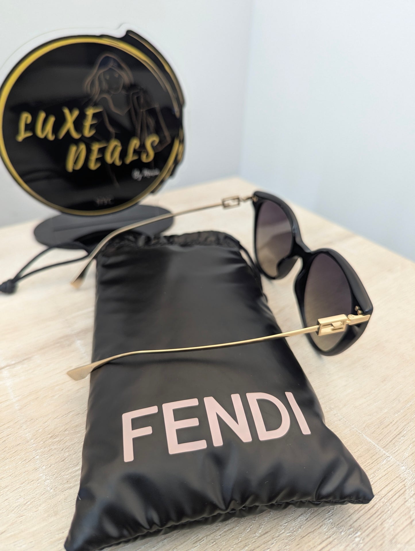 Fendi Cat Eye Sunglasses Black with Gold Accents and Sleeve