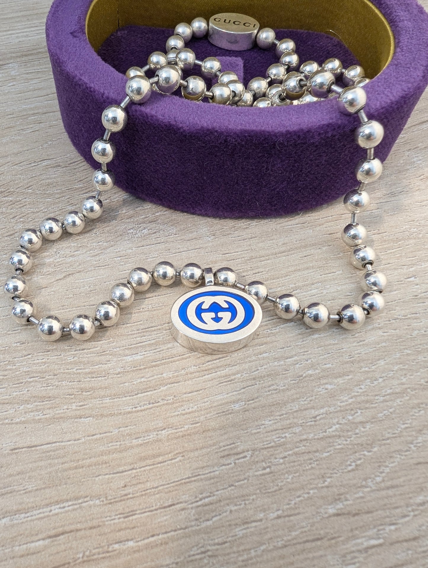 Gucci Necklace Silver Pendant Interlocking Blue GG