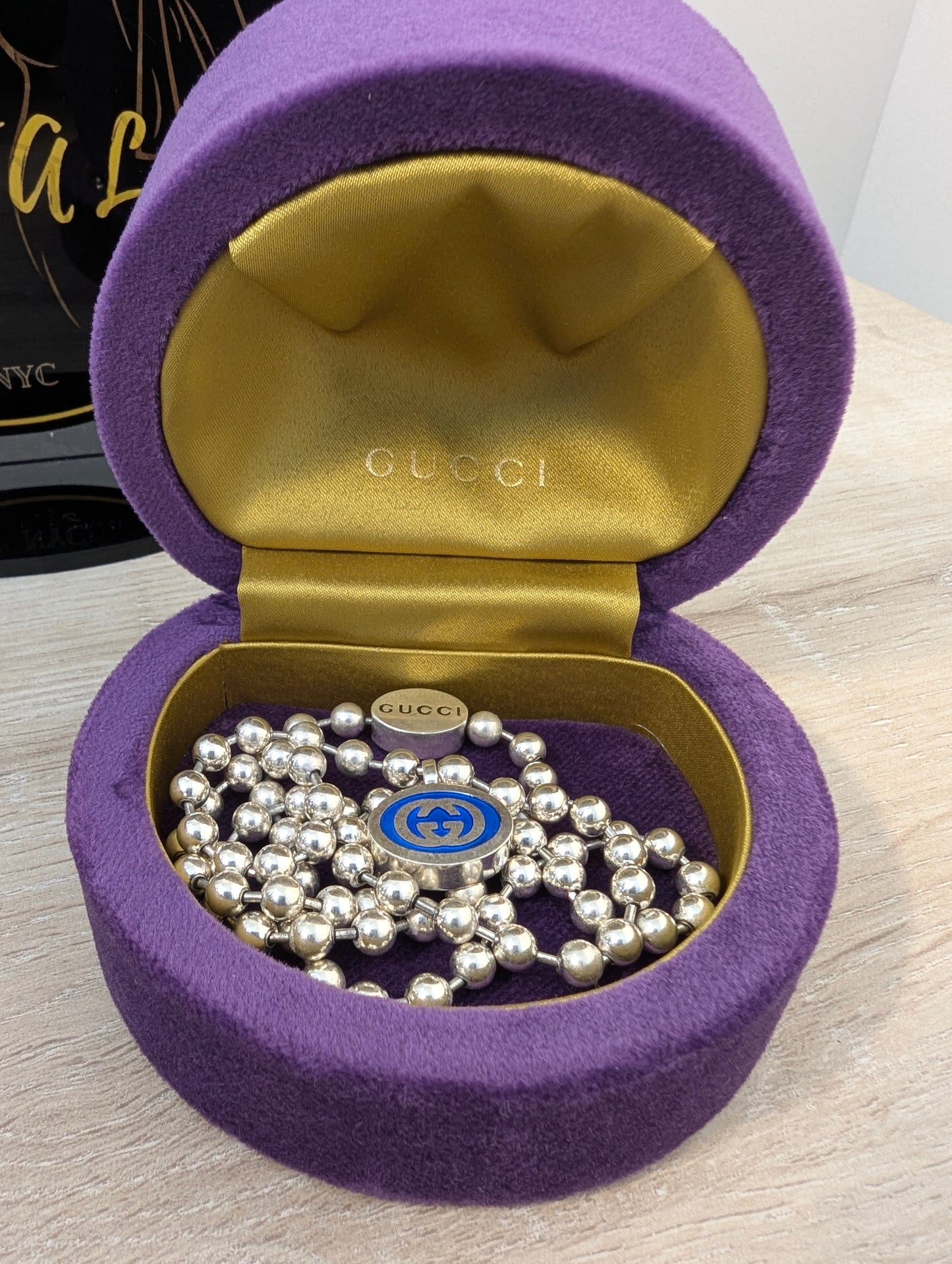 Gucci Necklace Silver Pendant Interlocking Blue GG