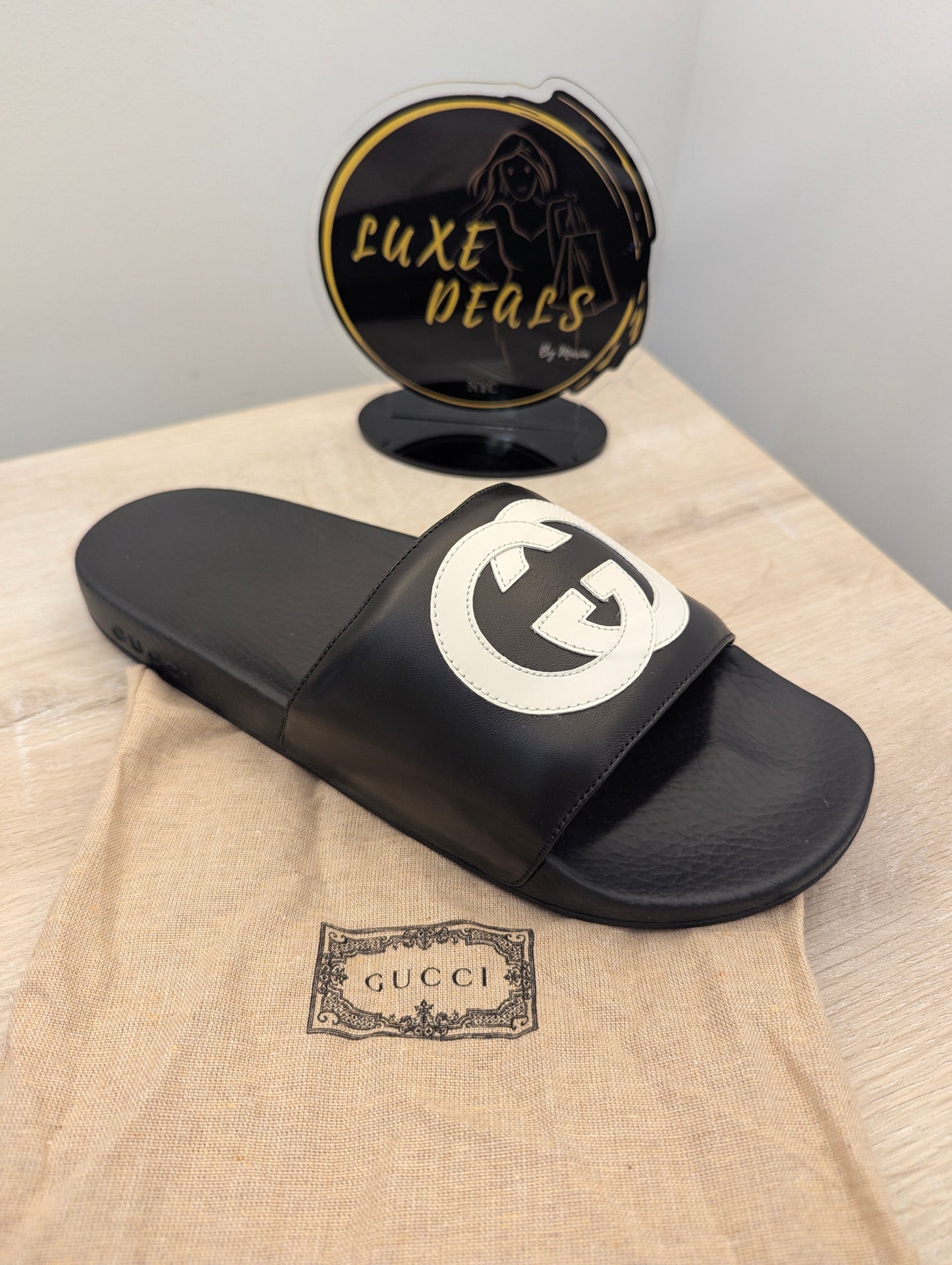 GG Slides Black Padding with White Interlocking GG