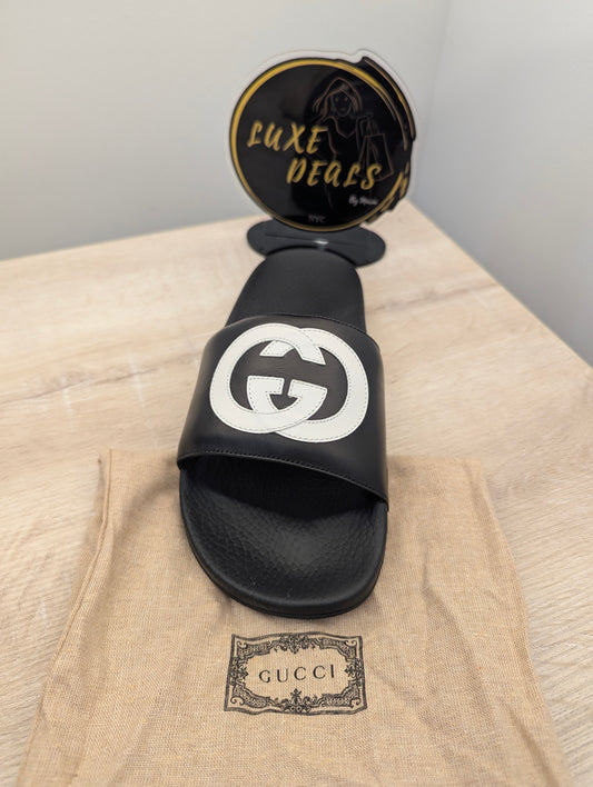 GG Slides Black Padding with White Interlocking GG