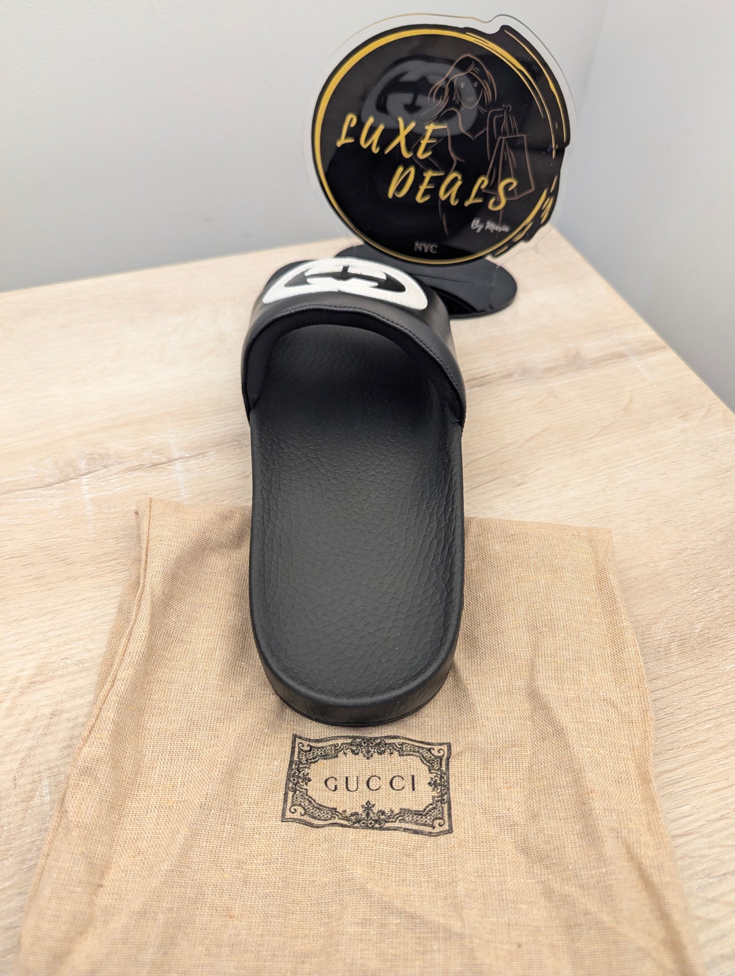 GG Slides Black Padding with White Interlocking GG