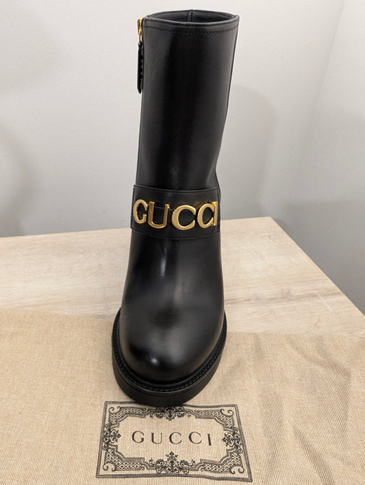 Gucci Boot Cara Black Leather Logo Heeled
