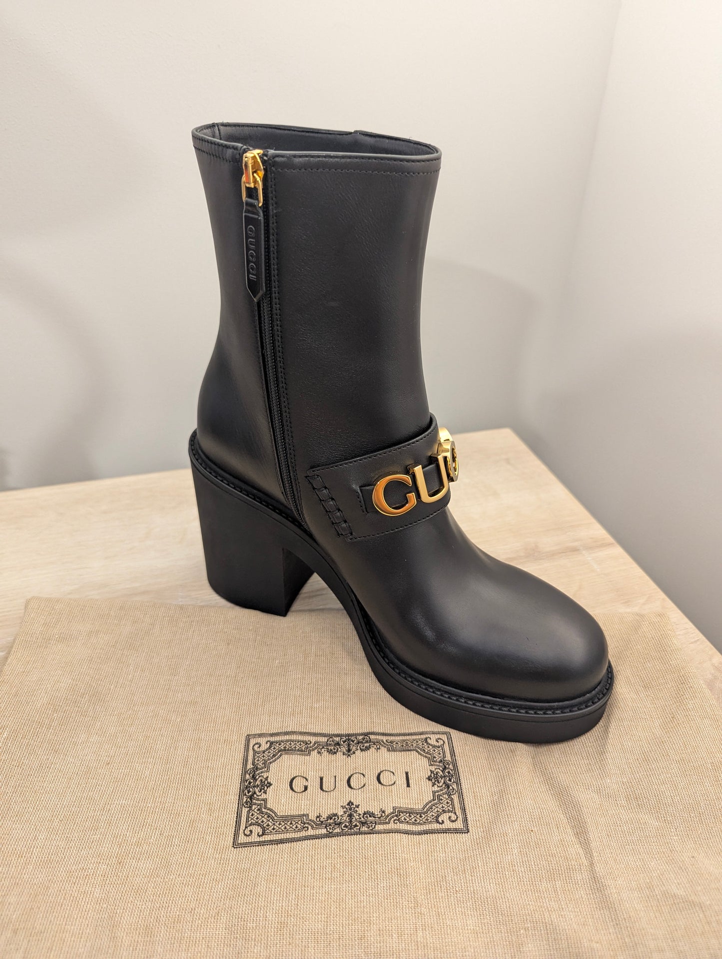 Gucci Boot Cara Black Leather Logo Heeled