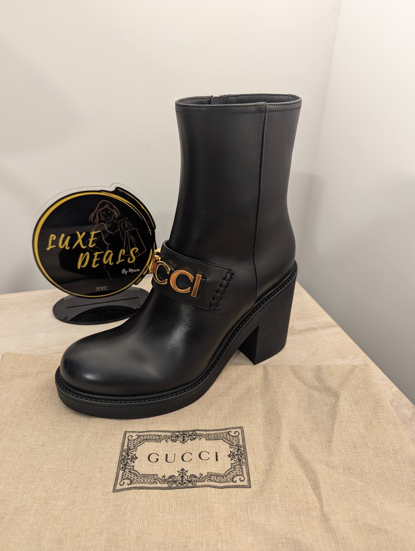 Gucci Boot Cara Black Leather Logo Heeled