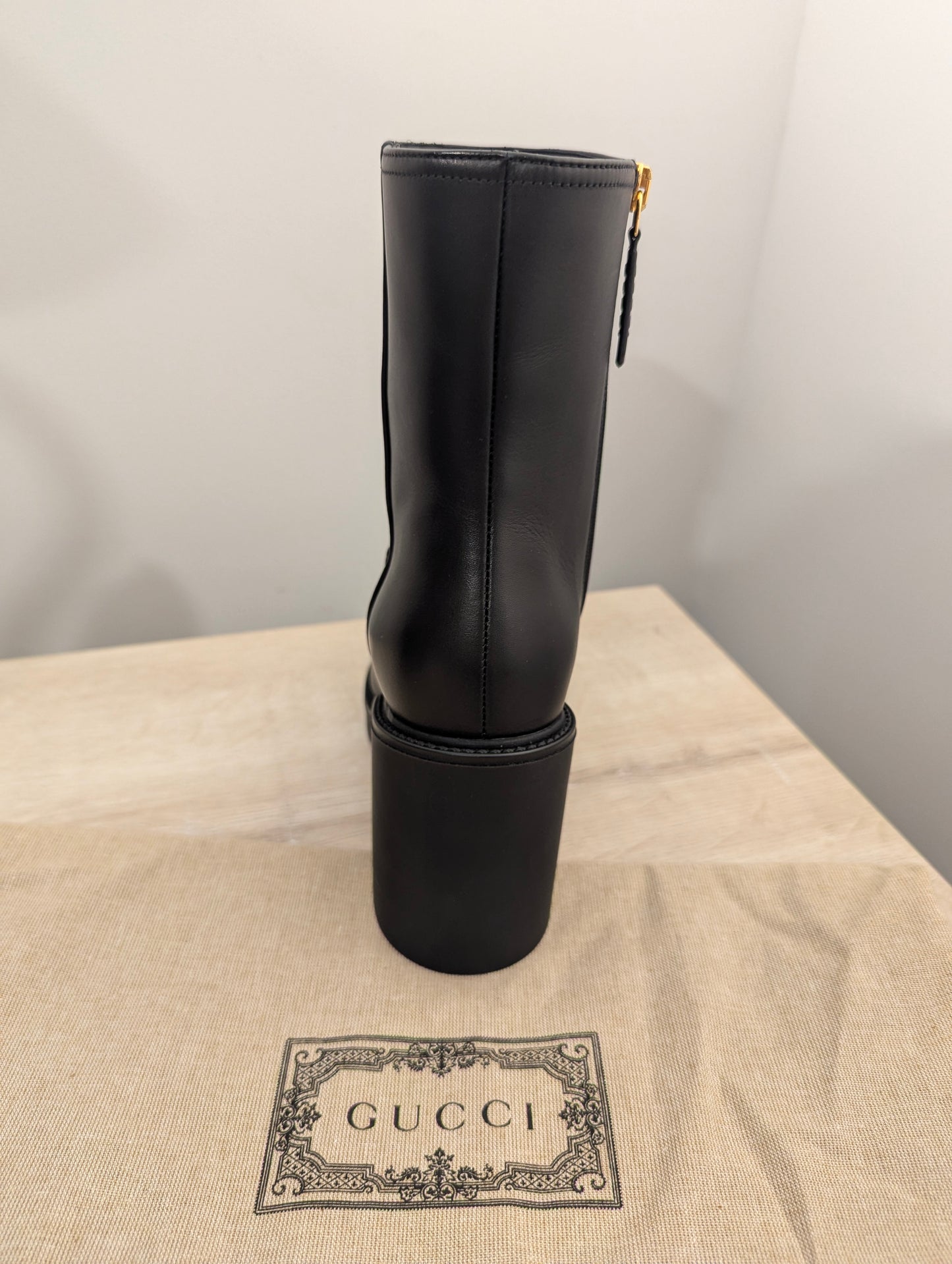 Gucci Boot Cara Black Leather Logo Heeled