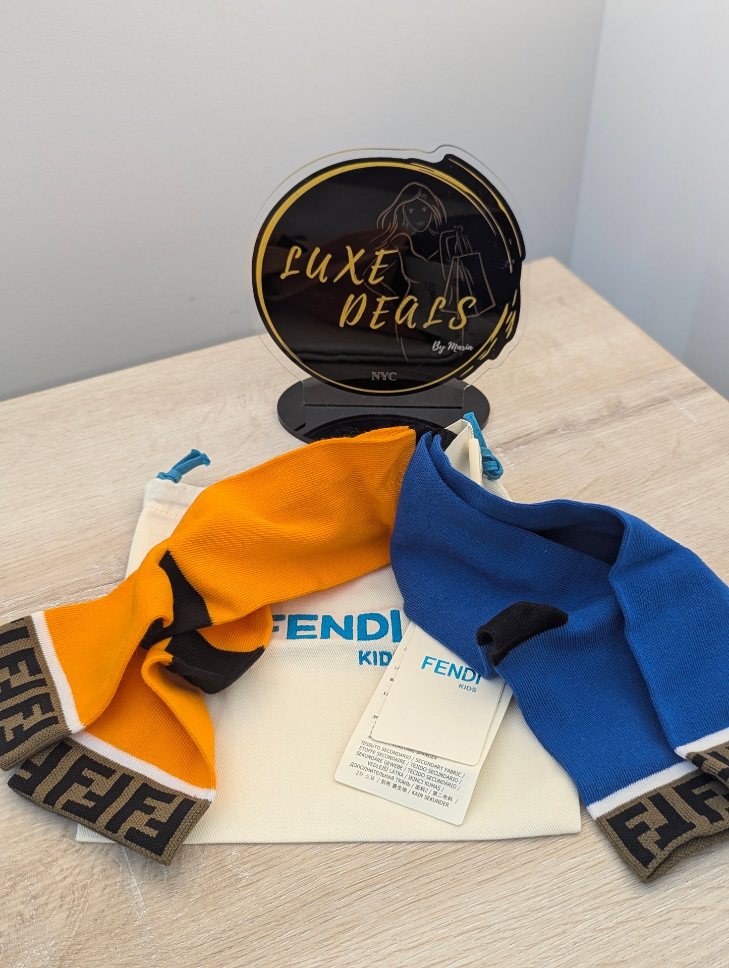 Fendi Kids Crew Socks Blue & Orange Combo
