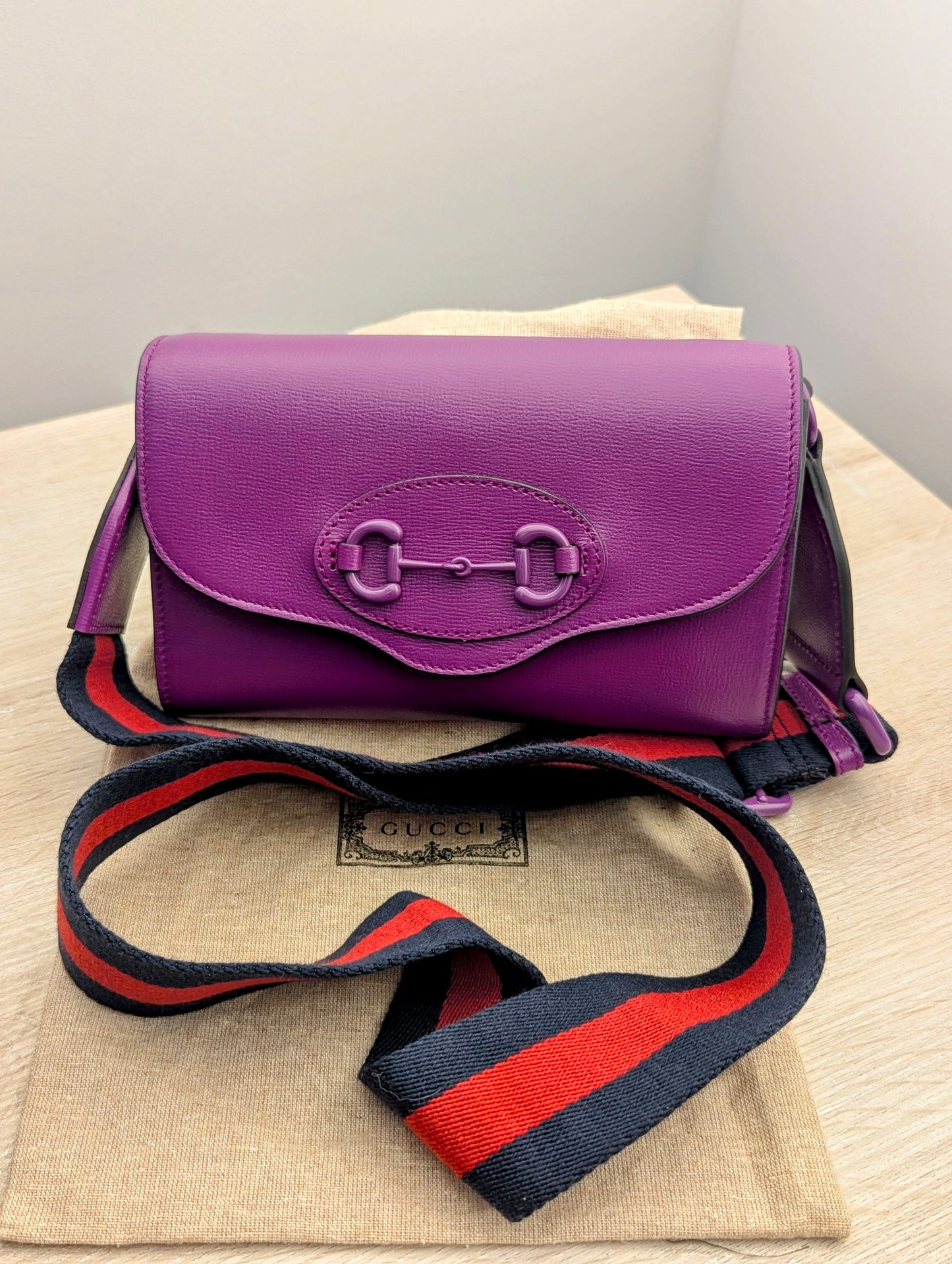 Gucci Horsebit 1955 Leather Shoulder Bag Purple With Strap