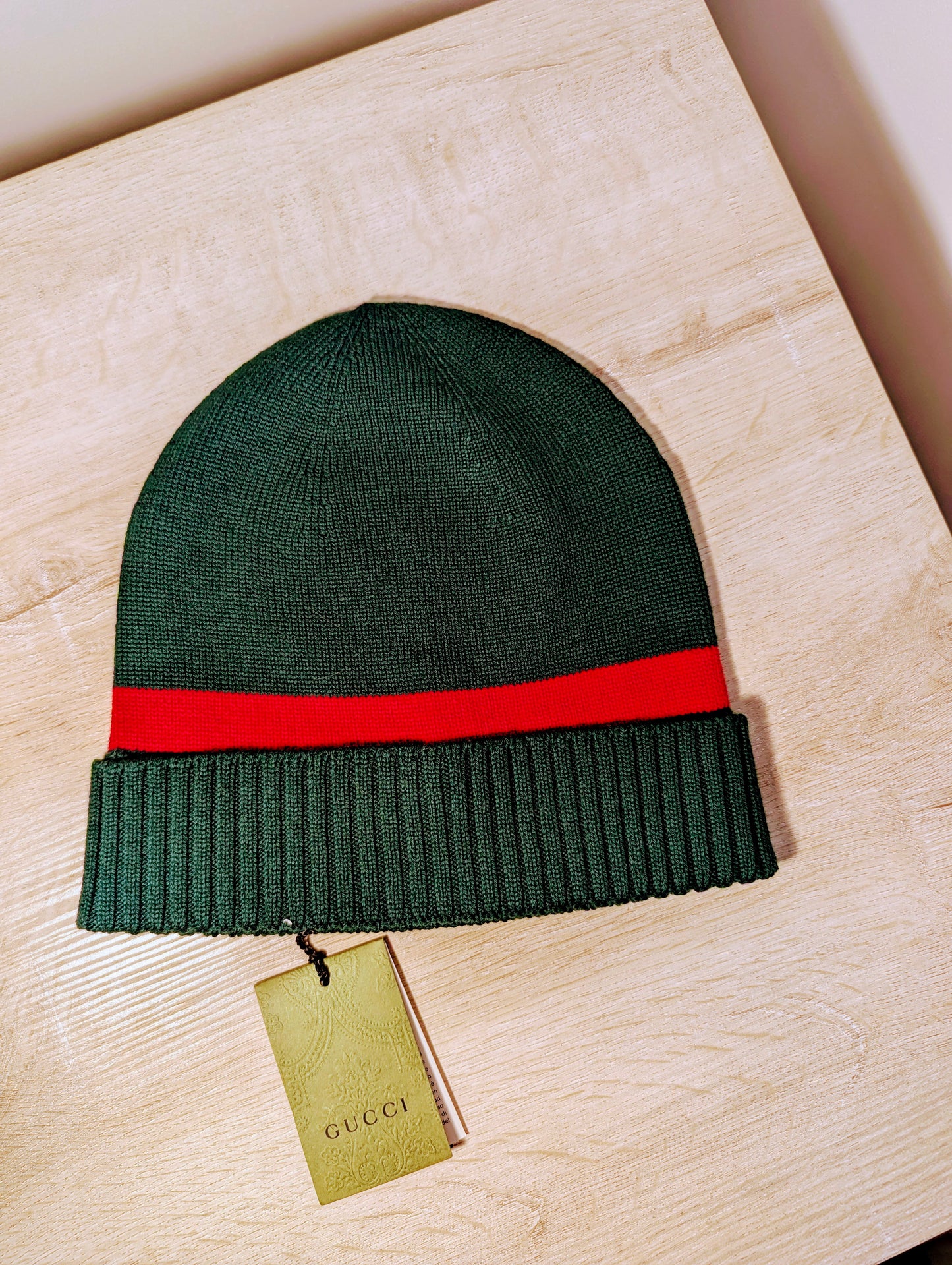 Gucci Green Knit Beanie with Red Stripe