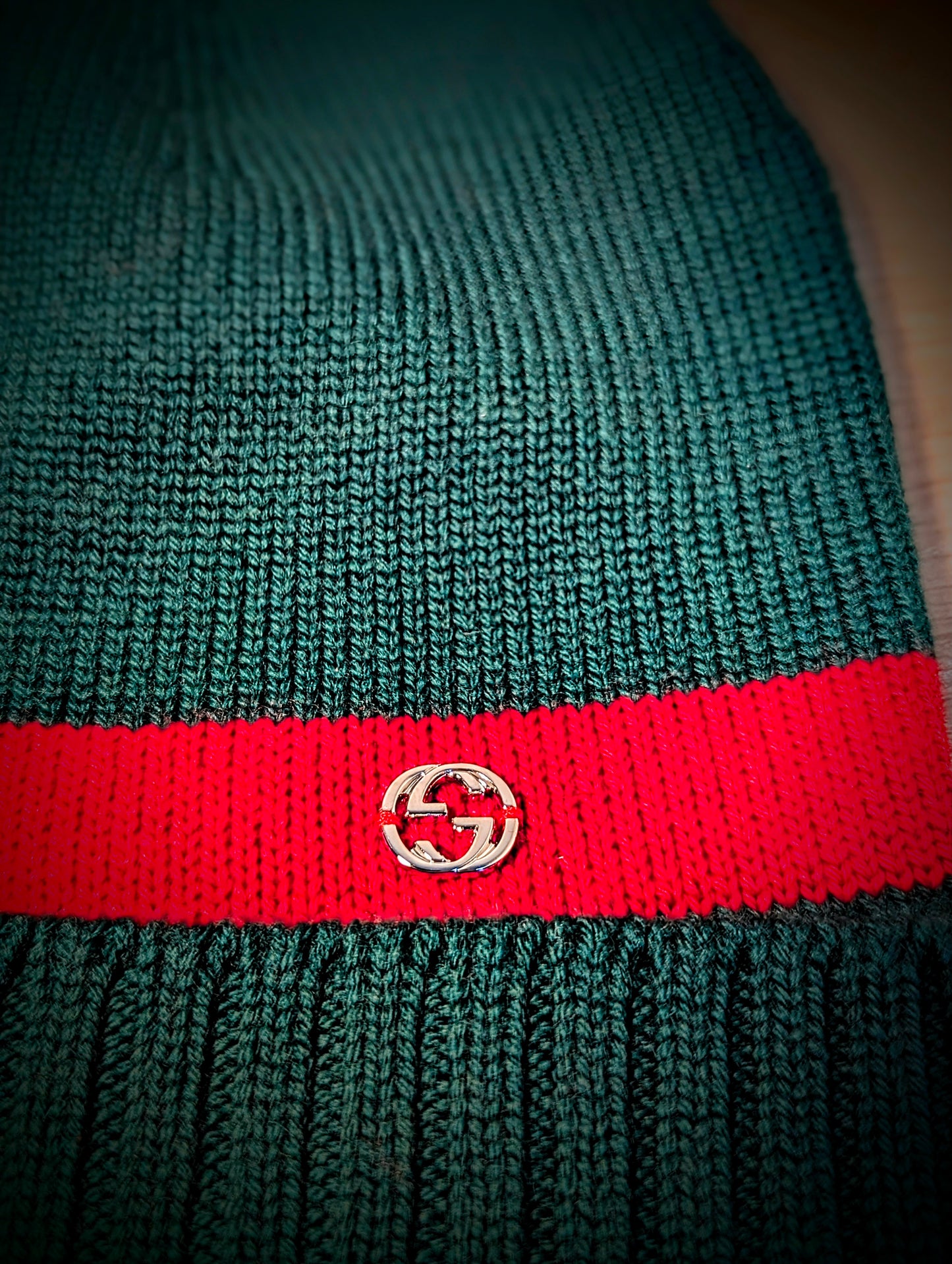 Gucci Green Knit Beanie with Red Stripe