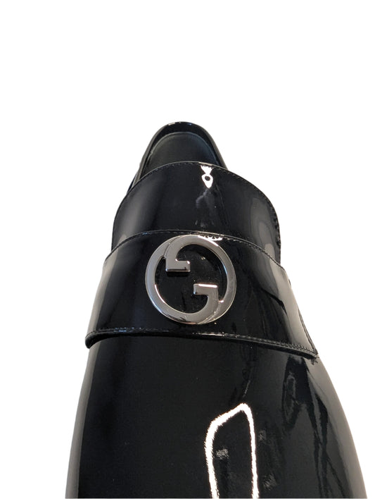 Gucci Black Patent Leather Loafers with Interlocking Silver GG