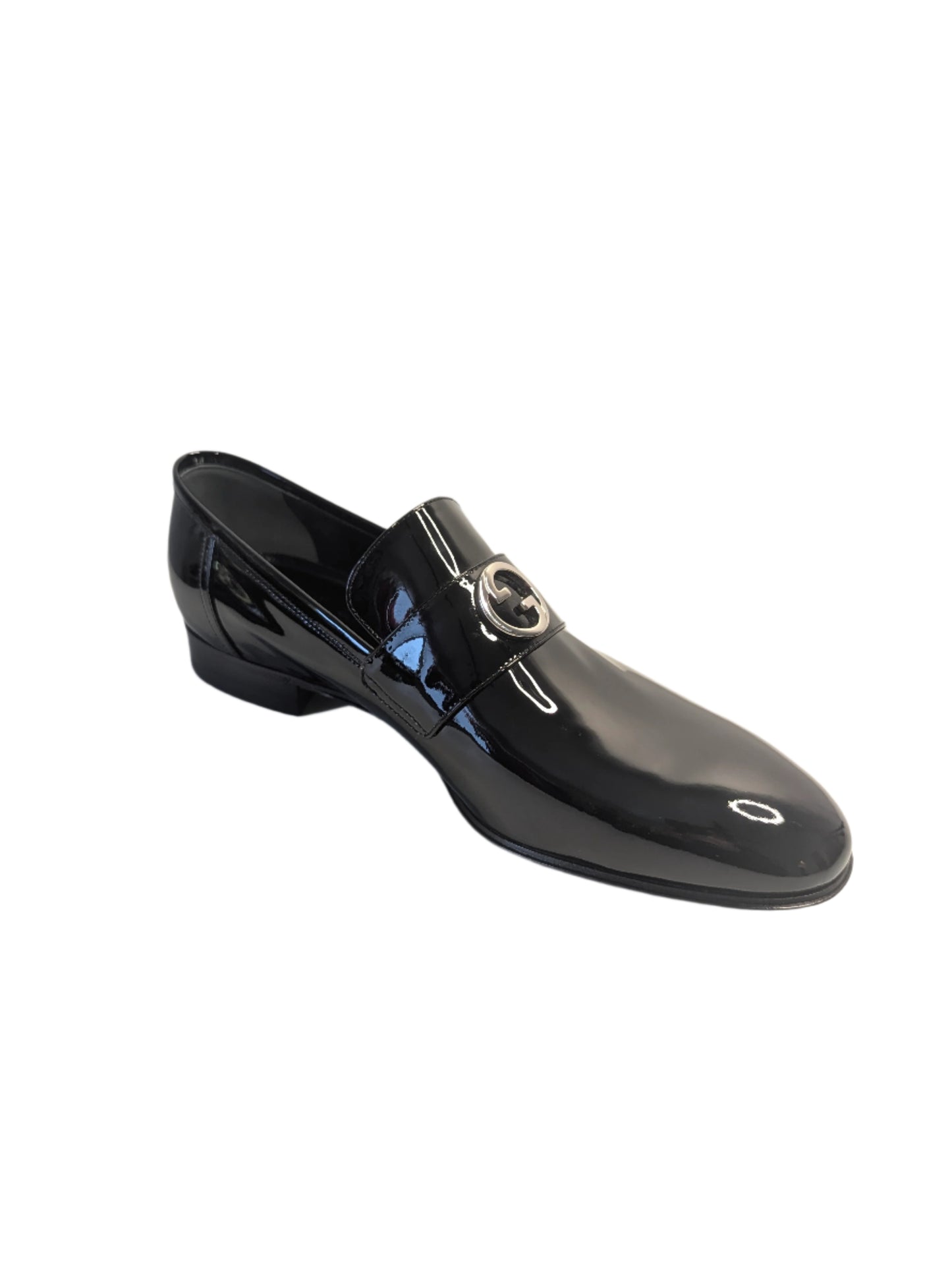 Gucci Black Patent Leather Loafers with Interlocking Silver GG