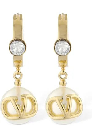Valentino Faux Pearl Earring Hoop V logo