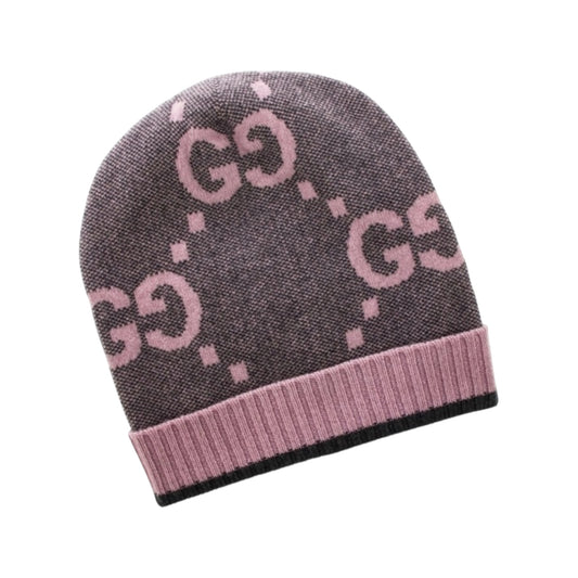Gray knit beanie with pink logo pattern on a white background