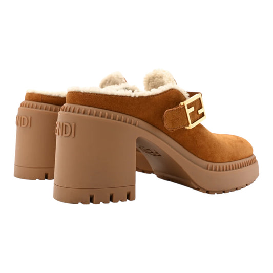 FENDI Suede Shearling Clog Heel