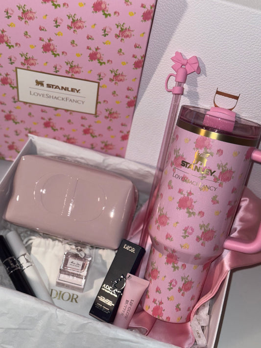 Dior x LoveShackFancy ULTIMATE Luxe Gift Box – 40oz Stanley Tumbler | Lip Glow Butter (Glazed Pink) |Mascara Duo| Beauty Pouch | Pink Edit