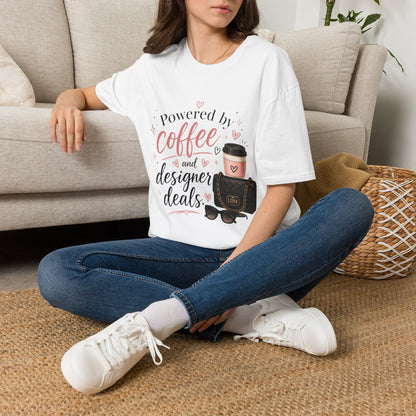 Coffee Lover T-Shirt — "Powered by Coffee and Designer Deals" Graphic Tee
