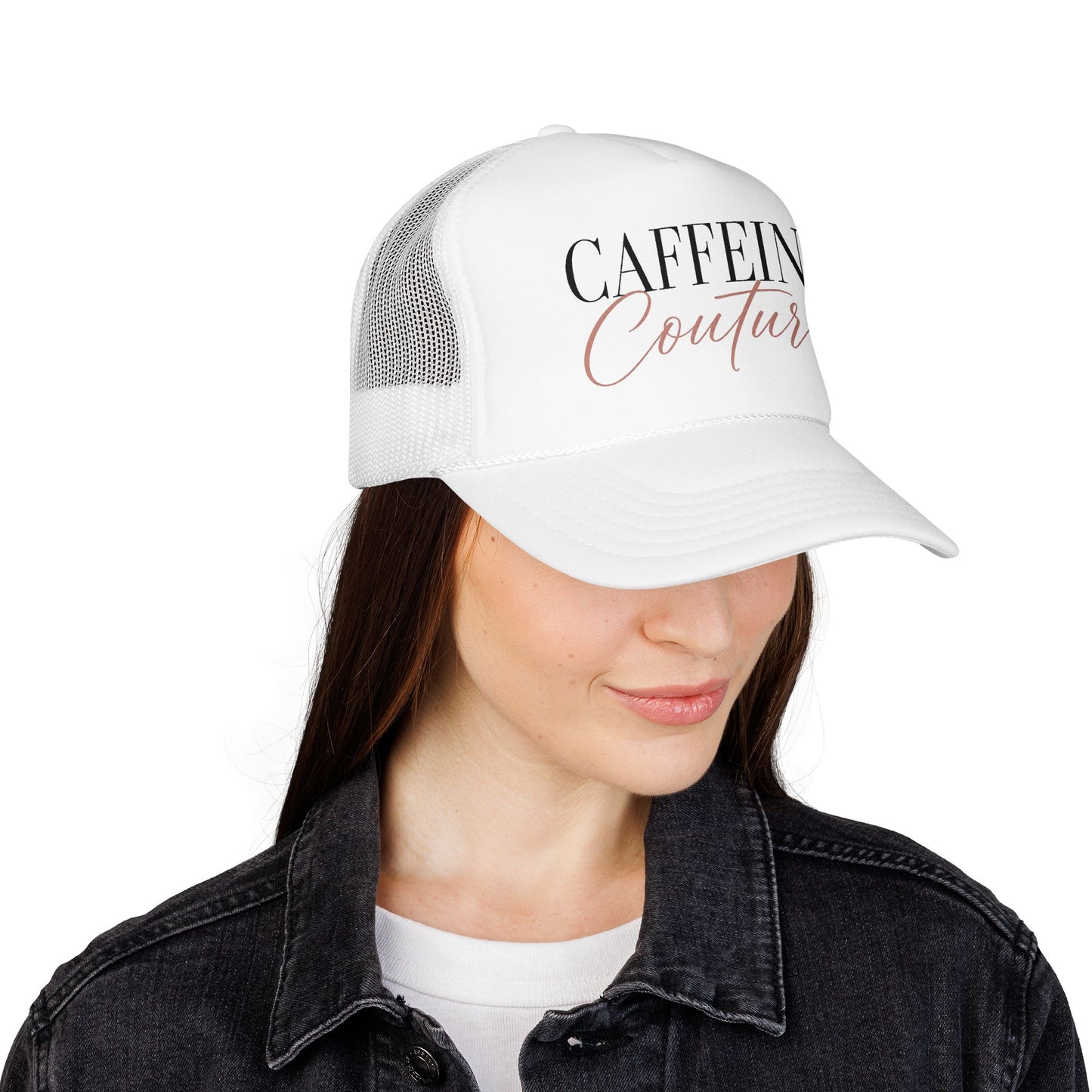 Caffeine Couture Trucker Hat — Pink Foam Coffee Lover Cap