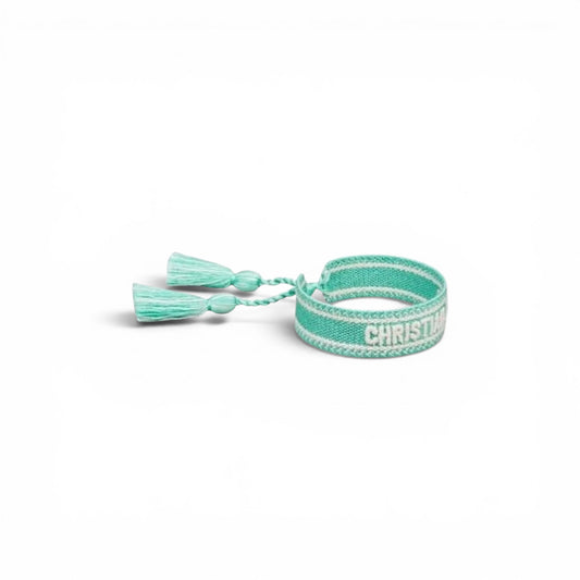 Christian Dior J’Adior Woven Friendship Bracelet – Teal & White Adjustable Tassel Bracelet