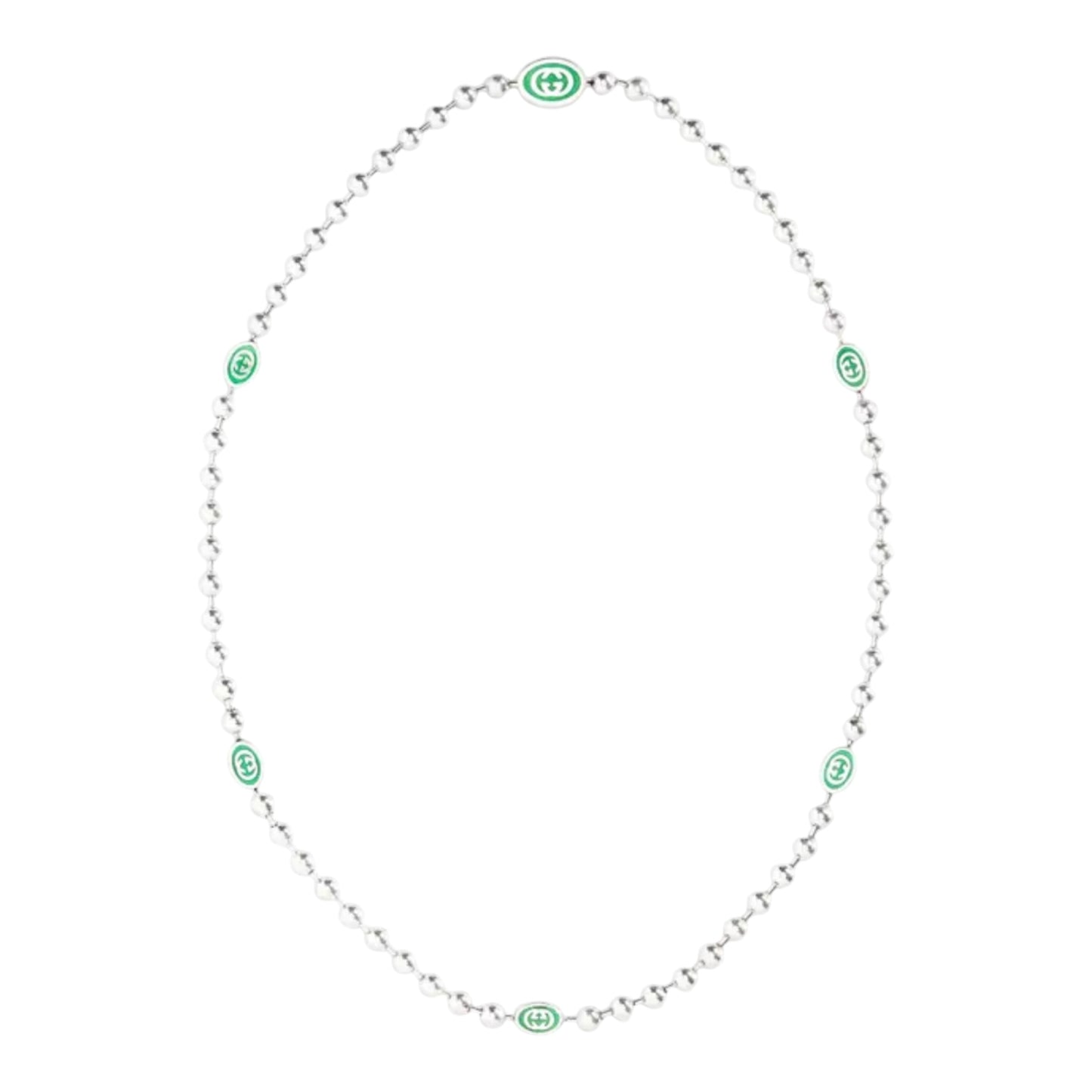 Gucci Interlocking G Green Enamel Sterling Silver Boule Chain Necklace