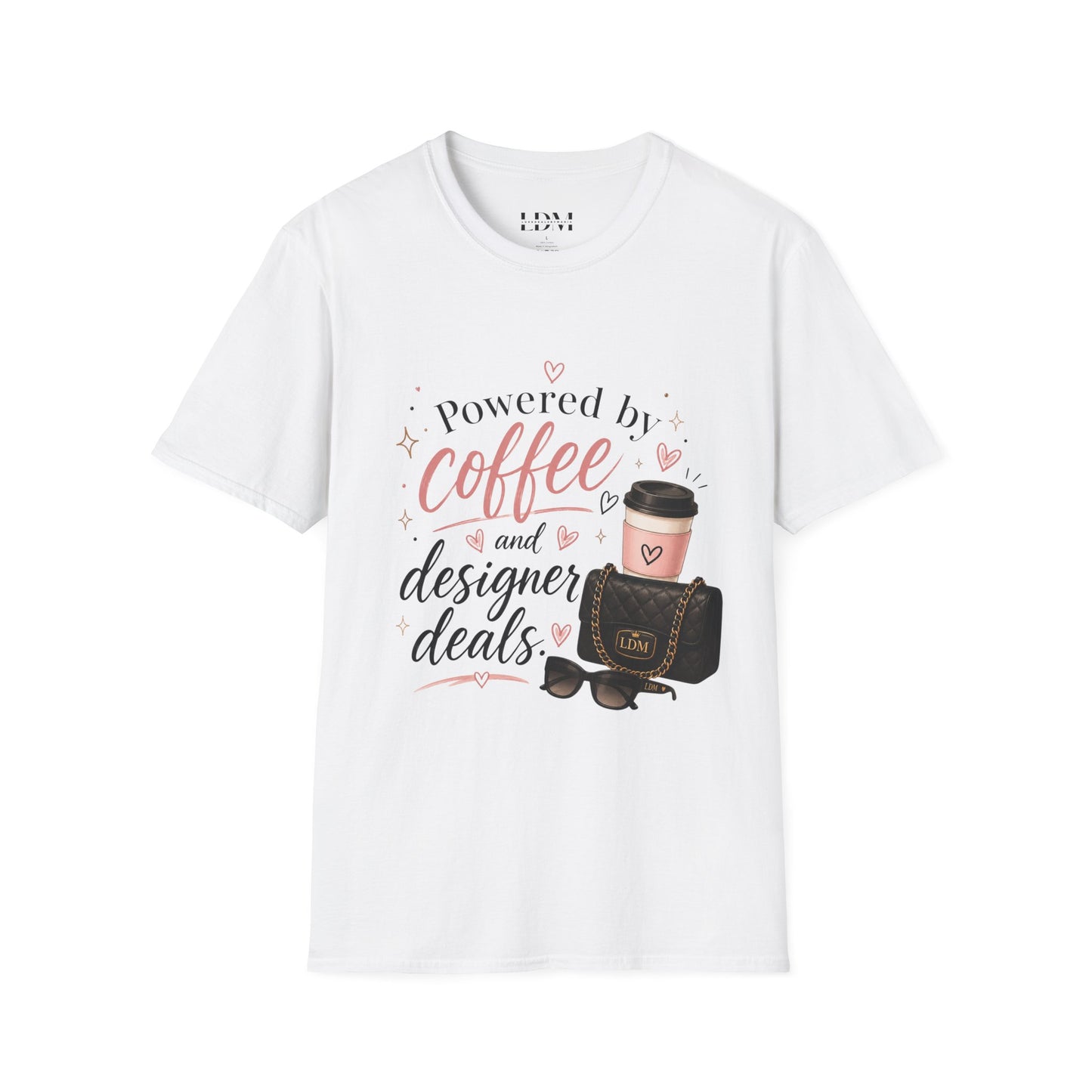 Coffee Lover T-Shirt — "Powered by Coffee and Designer Deals" Graphic Tee