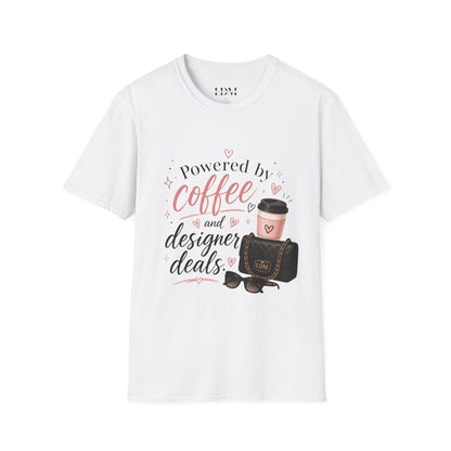 Coffee Lover T-Shirt — "Powered by Coffee and Designer Deals" Graphic Tee