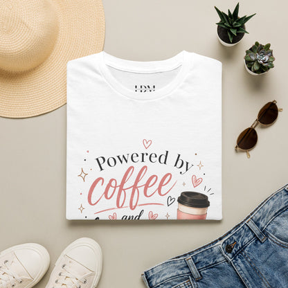Coffee Lover T-Shirt — "Powered by Coffee and Designer Deals" Graphic Tee