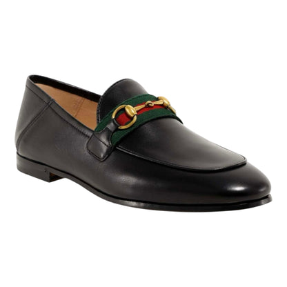 Gucci Women’s Horsebit Loafers – Black Leather Web Stripe Flats