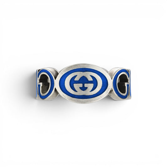 Gucci Sterling Silver Interlocking GG Logo Ring Blue Enamel