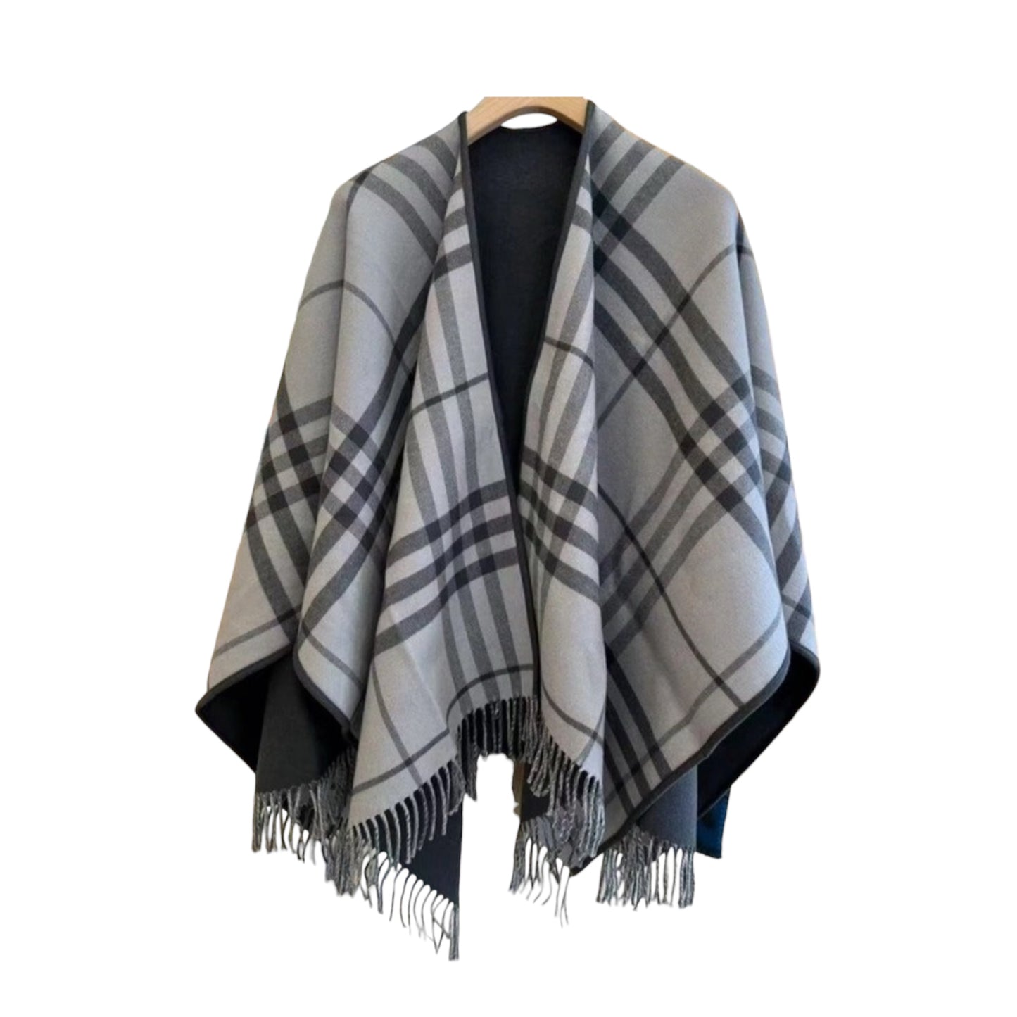 Burberry Reversible Check Cape – Grey Wool Fringe Wrap Poncho